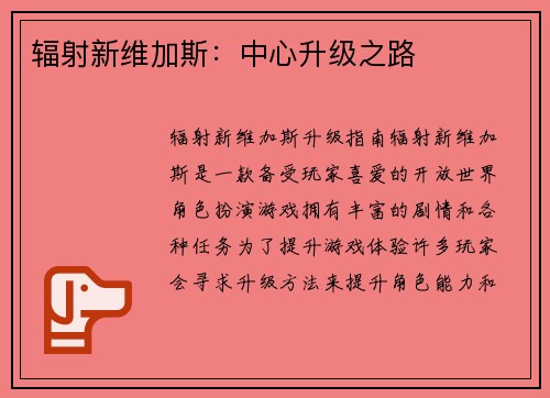 辐射新维加斯：中心升级之路